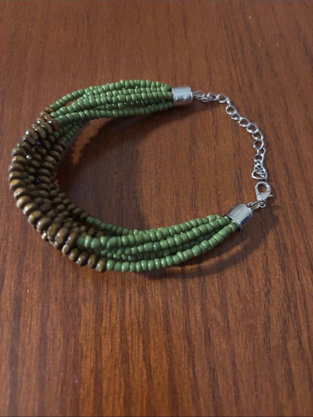 Source Unknown Olive and Brown Multi-Strand Seed Bead Bracelet